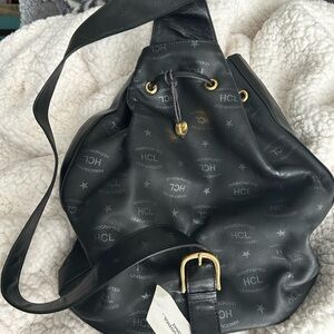 HCL Black Leatherette Drawstring Bucket Bag